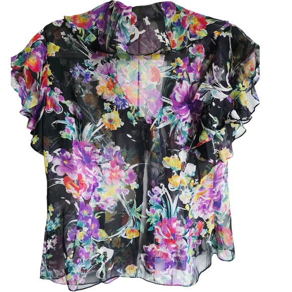 Lauren Ralph Lauren Petite M Silk Floral Print Ruffle Sleeve Tie Neck Blouse - Picture 2 of 6